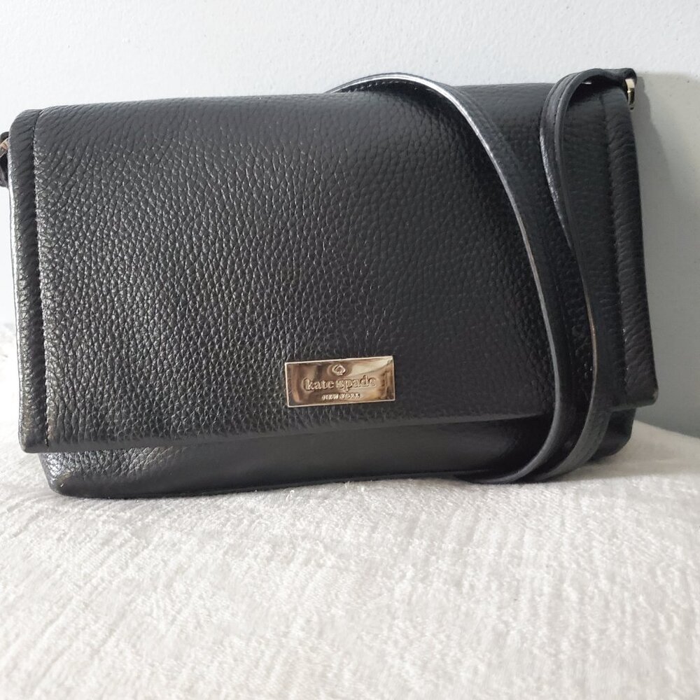 Kate Spade Black Pebbled Leather Crossbody Bag Flap Shoulder Purse Gold Log - Picture 10 of 10